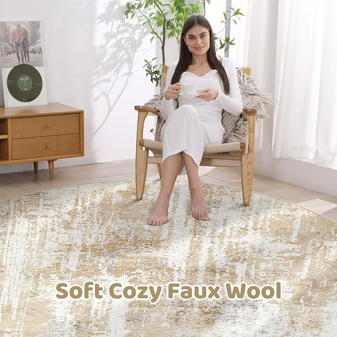 Round Rug Living Room Rugs: 4x4 Washable Circle Abstract Modern Soft Stain Resistant Non-Slip Indoor Floor Carpet for Bedroom Entryway Nursery Office Dorm Home House Decor- Gray Gold