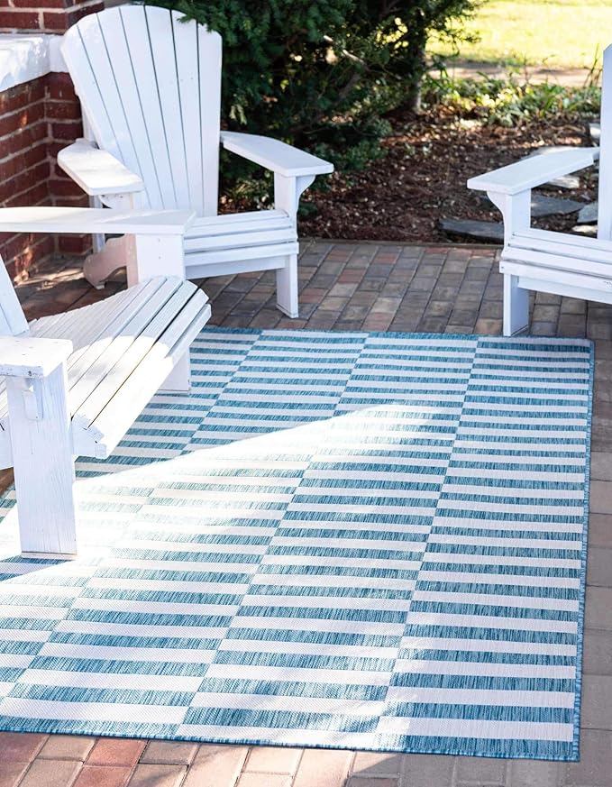 Unique Loom Outdoor Collection Classic Stripes, Transitional Indoor & Outdoor Area Rug, 8' 0 x 11' 0, Blue/ Ivory