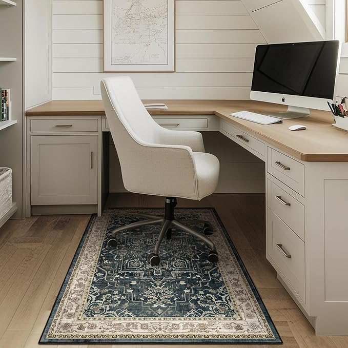 Farmhouse Distressed 3x5 Area Rugs for Entryway Foyer, Washable Non Slip Low Pile Throw Rugs for Kitchen, Vintage Medallion Pinted Carpet for Bedroom/Bathroom/Home Office, Midnight/Multi