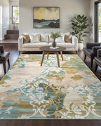 Washable Abstract Rug, 9x12 Willow Green and Blue Floral Area Rugs with Non-Slip Rubber Backed for Living Room, Low Pile Modern Throw Carpet Bedroom Dining Room Decor