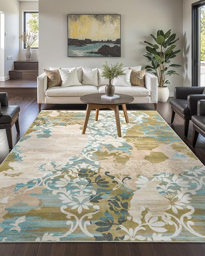 Washable Abstract Rug, 4x6 Willow Green and Blue Floral Area Rugs with Non-Slip Rubber Backed for Bedroom, Low Pile Modern Throw Carpet Kitchen Living Room Decor