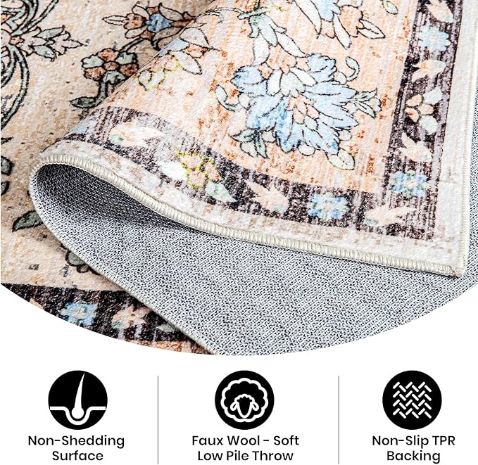 Area Rug for Living Room, 9x12 Machine Washable Non Slip Large Faux Wool Throw Rug, 0.3″ Low Pile & Non-Shedding Boho Large Carpet Rugs for for Dining Room, Bedroom, Office (Khaki)