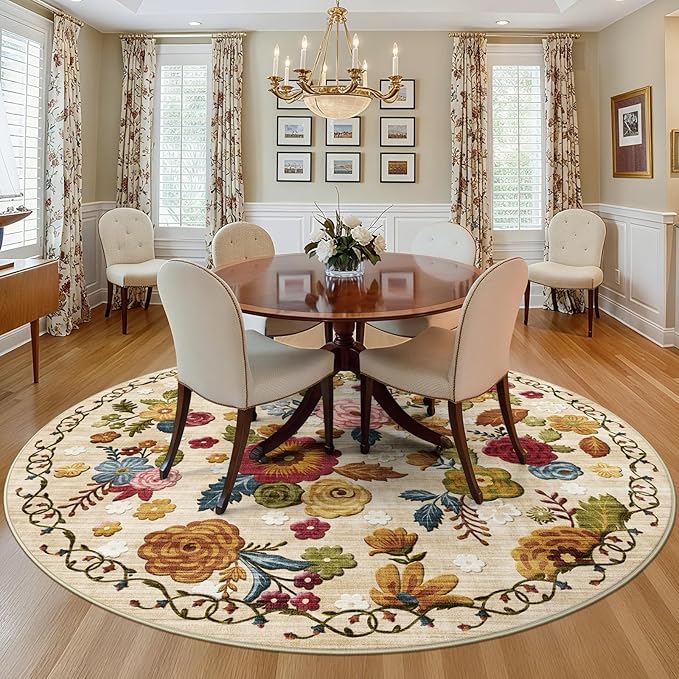 6ft Round Machine Washable Area Rug for Living Room, Beige Vintage Boho Floral Rug Large Non-Slip Low Pile Soft Faux Wool Carpet, Kids and Pets Friendly for Bedroom Nursery Farmhouse Home Decor Rug