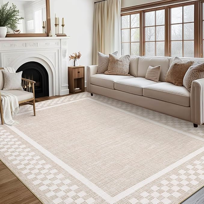 GarveeHome 5x7 Washable Area Rug for Bedroom Living Room Non Slip Modern Bordered Throw Rugs Low Pile Soft Checkered Dining Room Area Rugs Geometric Throw Carpet for Kitchen Nursery Office, Beige