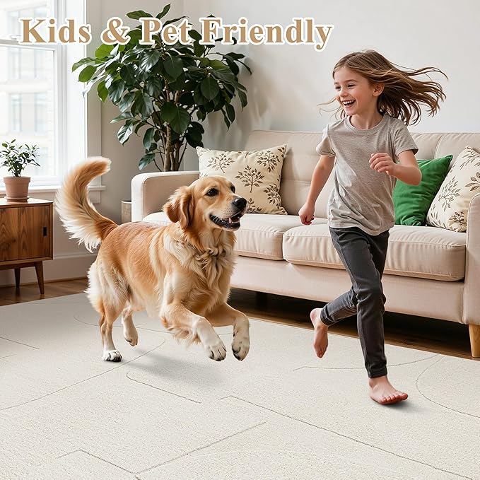 SHACOS Soft Cozy Fluffy Abstract Geometric High Low Pile Area Rugs 6'x9' Non Slip Washable Scandinavian Minimalist Rug Modern Carpet for Living Room Bedroom Dining Room, Cream