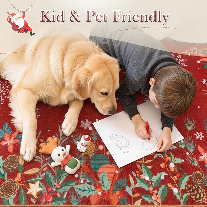 Wonnitar Christmas 8x10 Area Rugs for Living Room, Low Pile Soft Large Bedroom Rug, Non-Slip Washable Red Floral Snowflake Holiday Decor Floor Carpet for Dining Room(Christmas Red,8'x10')