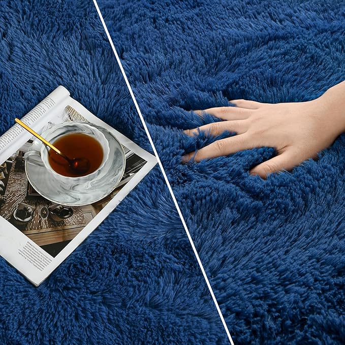 Large Shag Area Rugs 9 x 12, Plush Fuzzy Rugs for Living Room, Ultra Soft Fluffy Furry Rug for Bedroom, Indoor Carpet Nursery Rugs for Kids Room Home Decor, Navy Blue