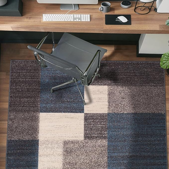 Rugshop Modern Boxes Design Non-Slip (Non-Skid) Area Rug for Entryway,Kitchen,Bedroom 4' x 6' Blue