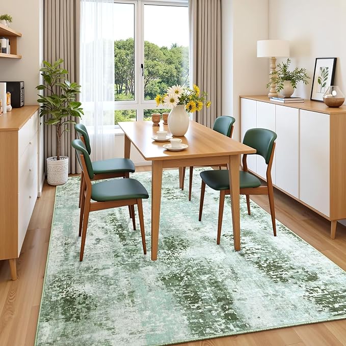 Washable Abstract Rug, 8x10 Modern Area Rugs with Non-Slip Rubber Backed for Living Room, Thin but Soft Contemporary Carpet Kitchen Bedroom Dining Room Decor, Green