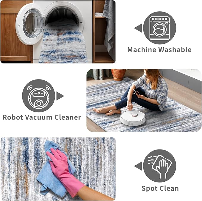 2x8 Washable Runner Rug for Family: Easy-to-Clean Runners for Hallway Entryway Bedroom - Stain and Water Resistant Rugs with Non-Slip Backing - Soft Low-Pile Carpet Navy Grey