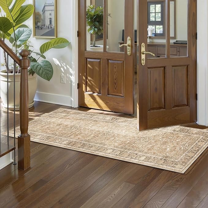 2.6x8 Runner Rug for Hallways Vintage Distressed Non Slip Long Carpet Floral Boho Distress Print Pattern Mat Lightweight Retro Accent Throw Carpet for Kitchen Bedroom Bedside Laundry Room﻿-Khaki