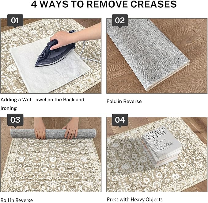 Vintage Runner Rug 2x12, Beige Tan White Washable Long Kitchen Runner Non-Slip Floral Soft Hallway Rug Runner Thin Print Faux Wool Carpet for Entryway Bedroom Laundry Room Indoor Home Decor