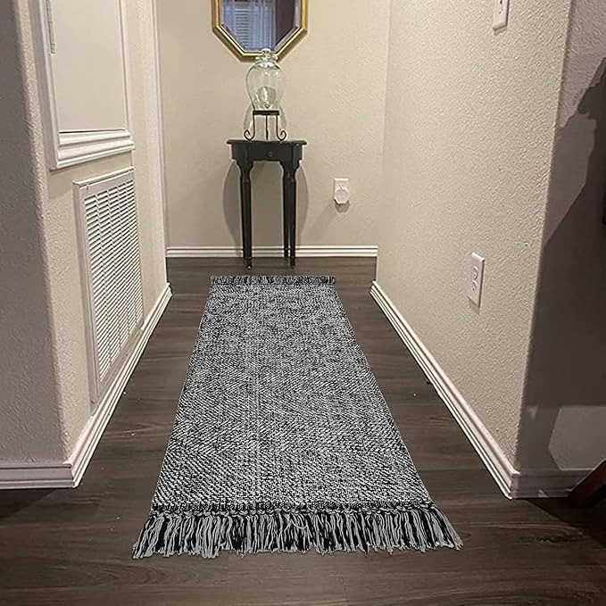 Collive Hallway Runner Rug, 2' x 6' Hand-Woven Reversible Washable , Black Cotton Modern Farmhouse Laundry Room Rug Long Carpet for Bathroom Sink Foyer Bedroom