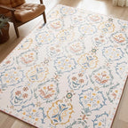 Phantoscope Washable Area Rug 6'x9' Non-Slip, Vintage Floral Boho Rugs for Living Room, Bedroom, DiningRoom, Soft Botanical Moroccan Pattern, Low-Pile Foldable Floor Carpet, Ivory Pink/Boho Garden