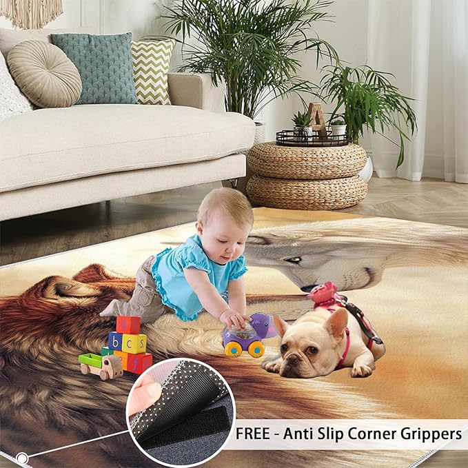 Wolf Rugs for Bedroom - 3x5 Area Rug - 3D Wolf Rugs for Living Room, Misty Forest Rug, Non-Slip Washable Home Decor Carpet