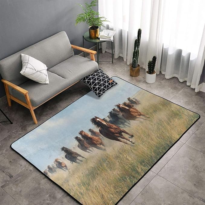 Horses Gallop Across The Grassland Area Rug Washable Outdoor Rugs Anti-Slip Soft Carpet Entryway Indoor Door Mat for Bedroom,Living Room,Porch,Terrace and Entrance Decor 2'x 1.4'