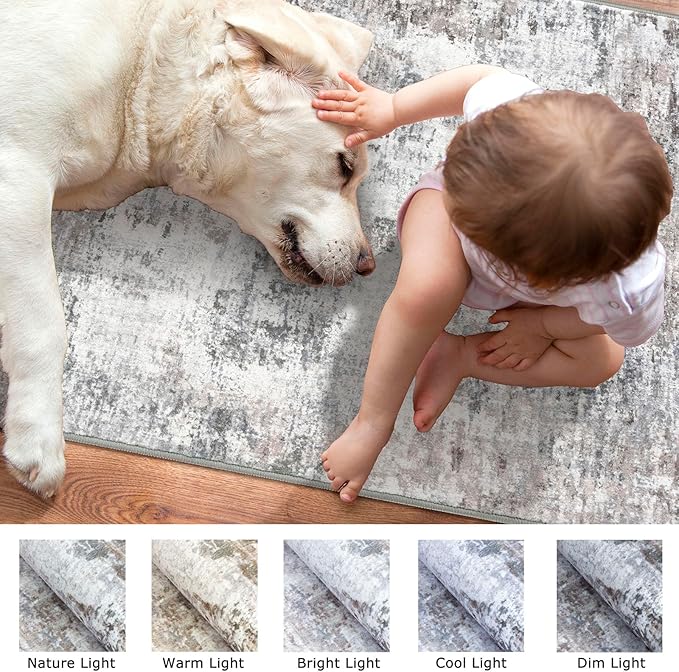 Abstract Runner Rug 2x6 Washable Runners for Hallways, Soft Kitchen Runner Rug Non-Slip, Beige Grey Thin Print Faux Wool Floor Carpet Rug Runner for Entryway Hall Bedroom Laundry Room Indoor