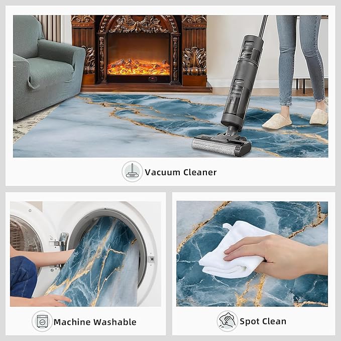 5x6 Abstract Marble Rugs for Office - Blue-White-Marble Living Room Carpet, Luxury Stone Pattern Bedroom Area Rug Kids Low Pile Rug for Indoor Outdoor Hardwood Floors Home Decor