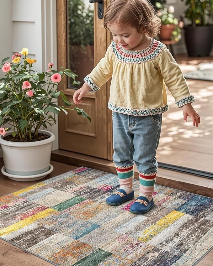 LUMI Ultra Thin Door Mat, 36x59 Non Slip Indoor Doormat Entrance Washable Rugs Entryway Oriental Vintage Soft Carpet for Kitchen Bedroom Front Door, Multicolor