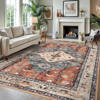 KOZYFLY Boho Area Rug 8x10 Ft Thin Rugs for Living Room Washable Bedroom Rug Non Slip Rugs for Living Room Rust/Orange/Blue Printed Faux Wool Vintage Bedroom Rug Floor Carpet for Dining Room