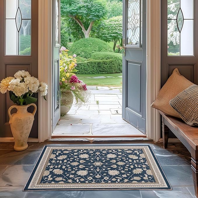EVERGRACE Area Rugs for Entryway 2x3, Boho Floral Faux Wool Indoor Outdoor Small Rugs, Washable Rugs for Bedroom Bathroom Laundry Doormat, Low Pile Floor Mat Carpet for Home Decor, Navy Blue