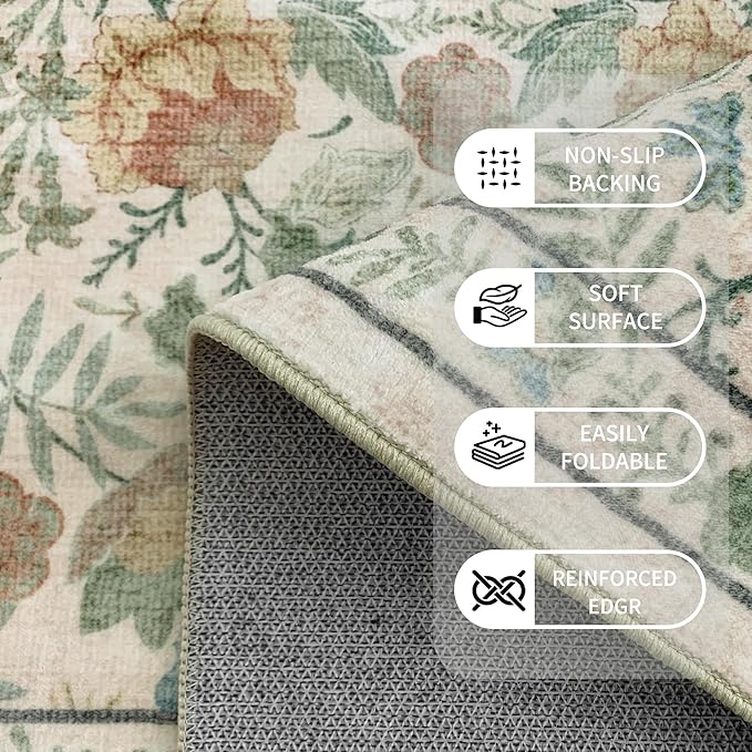 Washable Living Room Rug: 3x5 Boho Floral Soft Area Rug for Bedroom Decor - Vintage Low Pile Thin Carpet for Dining Room Non-Slip - Farmhouse Stain Resistant Rugs - Beige Green