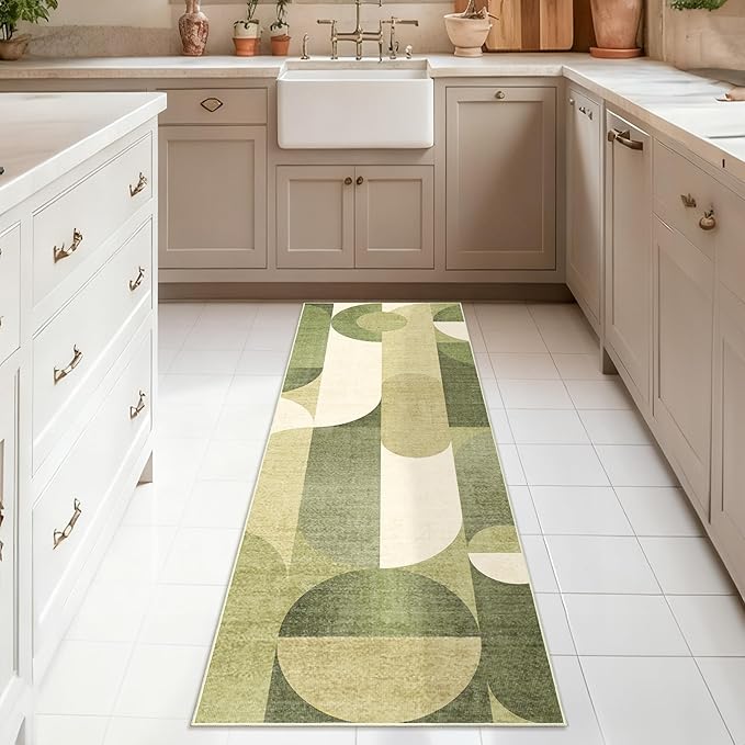 Green Runner Rug 2x6 Washable Rug Runners for Hallway Kitchen,Long Rugs for Bedroom Entryway Bathroom,Non Slip Modern Geometric Floor Carpet