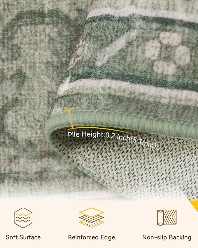 Area Rugs 2'x8' Washable Non-Slip, Floral Vintage Distress Print Pattern Medallion Carpet for Living Room Bedroom Dining Room, Dark Green Gray