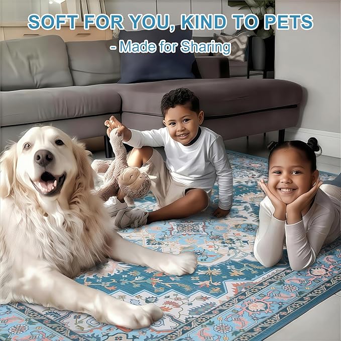 WILLSUN Washable Area Rugs, 9x12 Non-Slip Boho Large Area Rugs for Living Room, Bedroom, Machine Washable Vintage Rug, Indoor Floral Print Carpet for Home Decor, Kid & Pet Friendly Mat