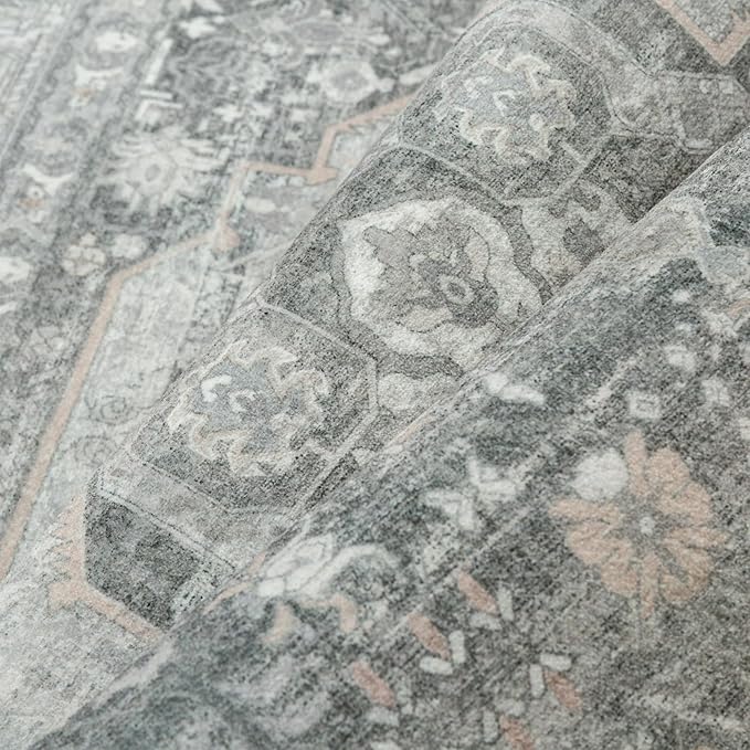 2x6 Grey Washable Vintage Runner Rug for Living Room Bedroom Non Slip Distressed Traditional Soft Runner Rug Low Pile Lightweight Floral Runner Kitchen Hallway Entrance