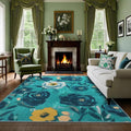 6x9 Camellia Floral Rugs, Modern Washable Flower Pattern Area Rug for Bedroom, Soft Large Non-Slip Kitchen Carpet Floor Door Mat for Living Room Dining Room Office - Teal