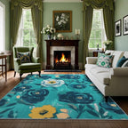 6x9 Camellia Floral Rugs, Modern Washable Flower Pattern Area Rug for Bedroom, Soft Large Non-Slip Kitchen Carpet Floor Door Mat for Living Room Dining Room Office - Teal