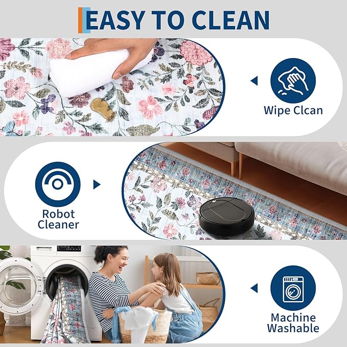 Floral Washable Rug 4x6, Non-Slip Low Pile Botanical Carpet, Vintage Farmhouse Area Rug for Bedroom Nursery Kids Room Home Decor, Light Blue