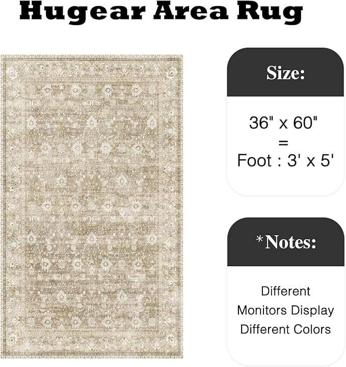 HUGEAR 3x5 Machine Washable Rugs Beige Hallway Area Rug Indoor Accent Rug Floral Low Pile Carpet Soft Throw Rug Bedroom Living Room Office Dining Room Kitchen Laundry Room Non Slip
