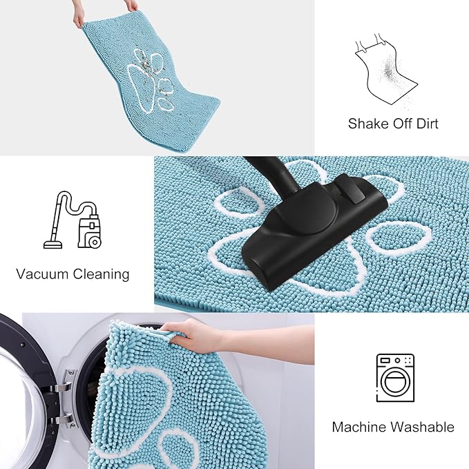 Smiry Dog Door Mat for Muddy Paws, Absorbent Dirt Trapper Non Slip Quick Dry Washable Chenille Mat for Mud Dogs, Entry Rug for Indoor and Outdoor (40x32 Inches, Sky Blue and White)
