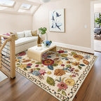 5x8 Machine Washable Area Rug for Living Room, Beige Vintage Boho Floral Rug Large Non-Slip Low Pile Soft Faux Wool Carpet, Kids and Pets Friendly for Bedroom Dining Room Farmhouse Home Decor Rug