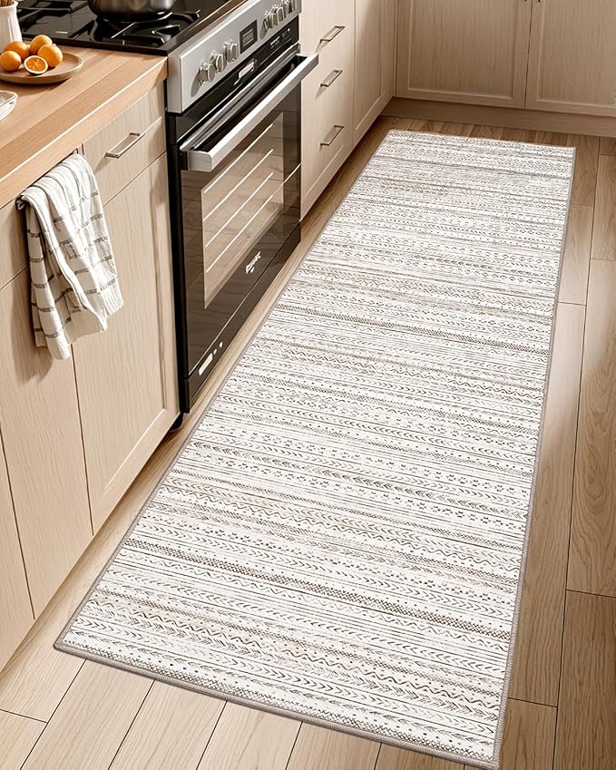 LUMI Washable Rug, 23x87 Kitchen Rugs for Entryway Bathroom, Non-Slip Indoor Door Mat Ultra-Thin, Small Oriental Throw Carpet for Bedroom Entry Office, White and Brown