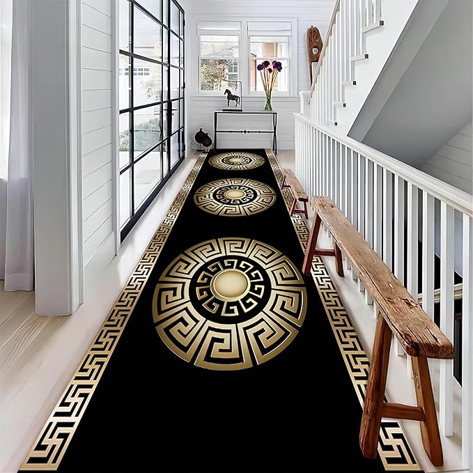 Black Gold Geometric Hallway Runner Rug, 2.6x10ft, Vintage Greek Key Entryway Carpet, Baroque Style Pattern Machine Washable Carpets, Durable Non-Shedding Non-Slip Rugs for Dorm Nursery