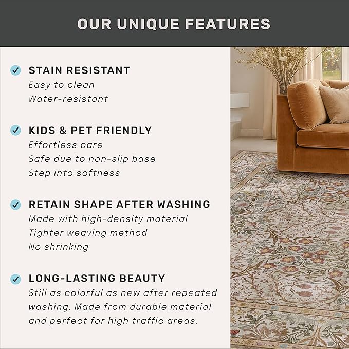 Vintage Moss Green Living Room Rug, 8x10 Washable Area Rugs for Bedroom, Dining Room Rugs Under Kitchen Table, Oriental Taupe Low Pile Stain Resistant Non-Slip Large Rug