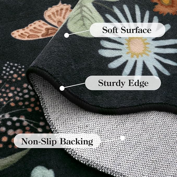 Lahome Floral Entryway Rug, 2X3 Washable Kitchen Rug Ultra-Thin, Non-Slip Soft Door Mat Indoor Entrance Stain Resistant Boho Small Low-Pile Throw Carpet for Bathroom Bedroom(2x3ft,Black/Grey)