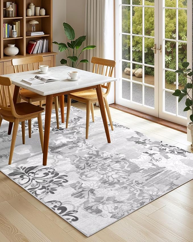 Washable Abstract Rug, 4x6 Classic Grey and White Floral Area Rugs with Non-Slip Rubber Backed for Bedroom, Low Pile Modern Throw Carpet Kitchen Living Room Decor