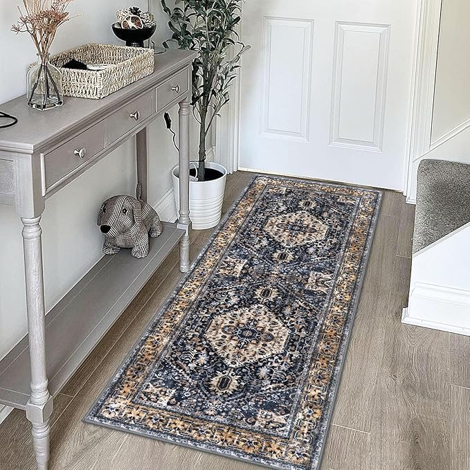 KOZYFLY Runners for Hallways 2x5 Ft Washable Kitchen Runner Rug Boho Runner Rug for Entryway Indoor Gold Navy Printed Oriental Faux Wool Floor Carpet Runner for Laundry Room Kitchen Hall