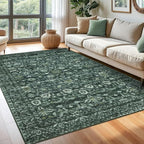 Vintage Floral 6x9 Rug, Dark Green Washable Area Rug for Bedroom, Non Slip Living Room Rug Thin Printed Faux Wool Super Soft Floor Carpet for Nursery Playroom Dining Room Indoor Office