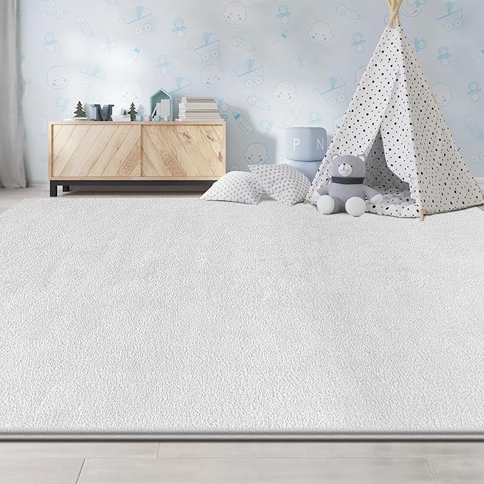 Large Area Rugs for Living Room Bedroom, 6x9 Feet White Rug, Minimalist Modern Shag Rug, Soft Thick Comfy Memory Foam Indoor Carpet, Non-Slip Washable Rug for Boys Girls Dorm Nursery Room Home Decor