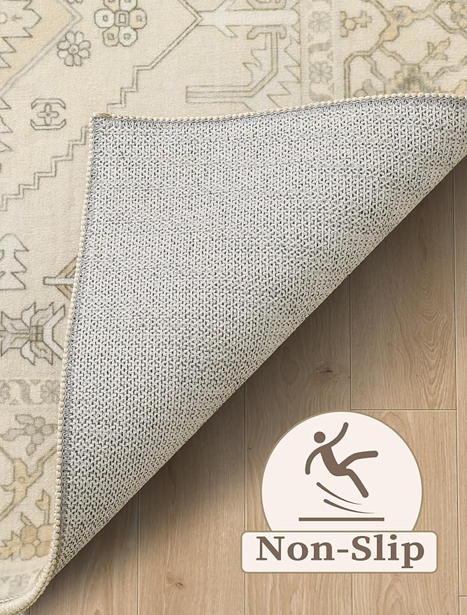 SERISSA Runner Rug for Hallways, 2'6"x8' Washable Non Slip Kitchen Runner Rug, Long Boho Rug Vintage Beige Hallway Stair Ultra Soft Print Floor Carpet for Bedroom Bathroom Laundry Room