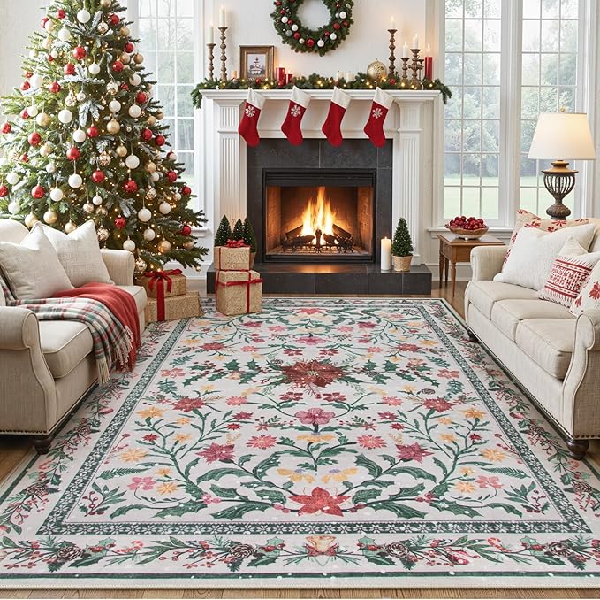 Wonnitar Christmas Rug for Living Room, Christmas Home Decor 8x10 Washable Rug, Ultra-Thin Soft Holiday Floral Print Non Slip Winter Indoor Carpet for Bedroom Kids Room Xmas Dining Room