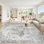 Area Rug 9x12 Washable Rug, Vintage Boho Medallion Rugs Non-Slip Soft Low Pile Large Distressed Rug Indoor Retro Carpet for Living Room Bedroom Dining Room Home Office (Grey, 9'x12')