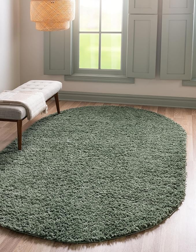 Unique Loom Davos Shag Collection Area Rug - Solid (3' 3" x 5' 3" Oval, Sage)