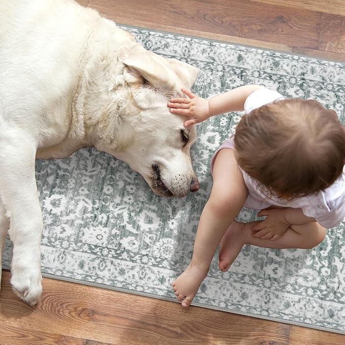 Vintage Floral 2x6 Runner Rug, Sage Green White Washable Kitchen Runner Rug Non-Slip Hallway Rug Runner Thin Printed Faux Wool Super Soft Carpet for Entryway Bedroom Laundry Room Indoor