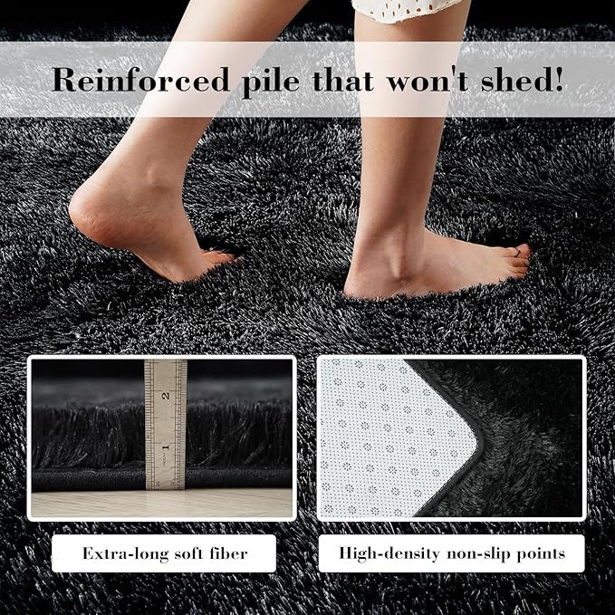 Fluffy Rug Shaggy Area Rug, Black 3x5 Area Rugs for Bedroom, Small Bedside Rug, Soft Fluffy Shaggy Entryway Throw Rugs for Living Room Bedroom Kids Room Home Decor